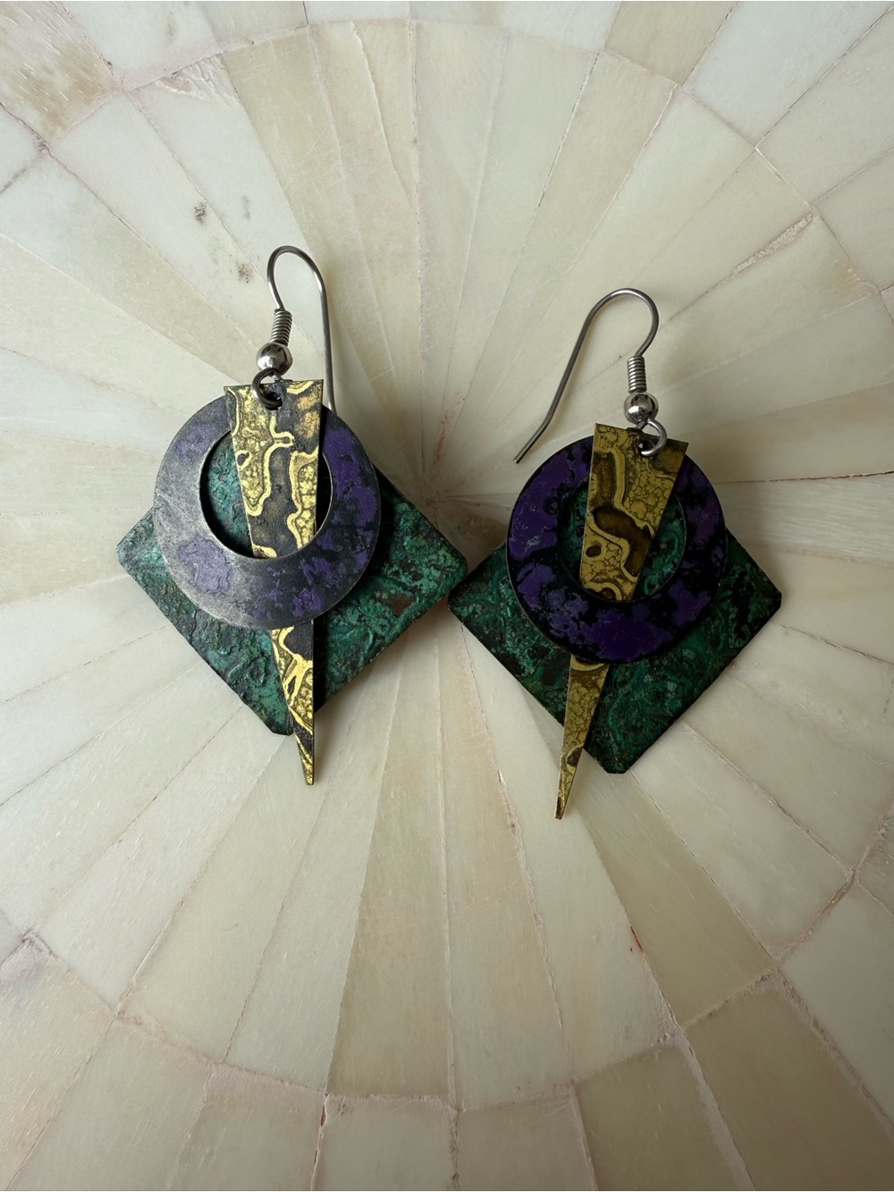 Vintage 1980s Geometric Mixed Metal Dangle Holly Yashi Style Fish Hook Earrings